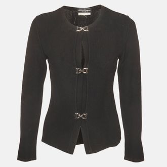Ferragamo Black Cotton Knit Gancini Style Cardigan