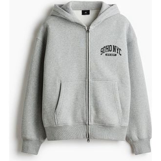 H&M Oversized Fit Printed Zip-through Hoodie in Gray Melange/soho Nyc at Nordstrom, Size Xx-Large