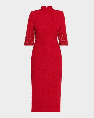 Badgley Mischka Mock-Neck Beaded Shimmer Tweed Midi Dress