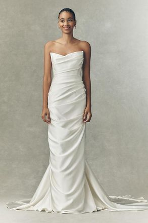 Watters Delphinium Strapless Ruched Column Wedding Gown