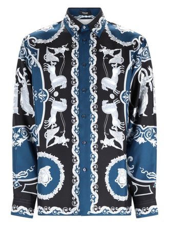 Versace Deep Blue Baroque Motif Printed Silk Shirt
