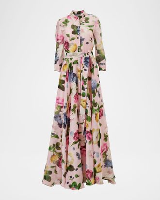 Carolina Herrera Floral Silk-Linen Belted Trench Gown