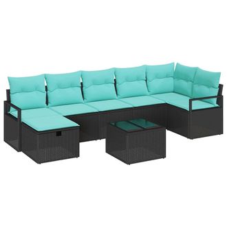 vidaXL Juego De Sof&aacute; Con Coj&iacute;n 8 Pcs Negro Y Turquesa Rat&aacute;n Sint&eacute;tico Vidaxl