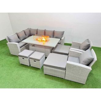 Fimous Outdoor Furniture Garden Dining Set Rattan Corner Sofa Chair Sets Gas Fire Pit Table with Temper Glass Footstools Light Grey Mixed - Fimous