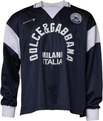 Dolce & Gabbana Blauw Witte Kraag Hals Jersey Trui - Heren - Longsleeves - Blauw - M - Katoen - Tops