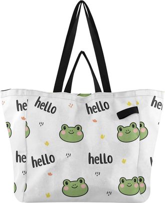 Generic Frog White print Reusable Canvas Tote Bag, Heavy Duty Grocery Shopping Bag with Large Capacity Hard Bottom Double Handles Work Groceries Travel