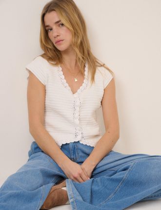 Nobody's Child White Crochet Trim Short Sleeve Cardigan