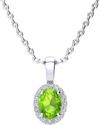 SuperJeweler 1 Carat Oval Shape Gemstone and Halo Diamond Necklace In Sterling Silver With 18 Inch Chain