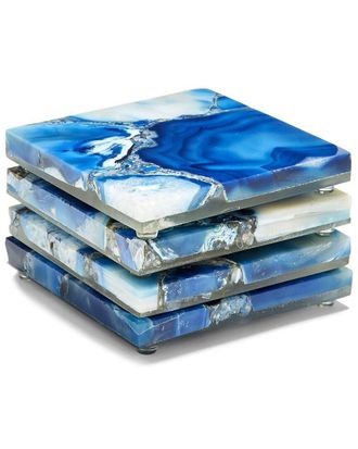 Two's Company Set of 4 Blue Agate Coasters with Resin Base