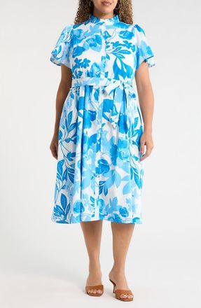 Sugarlips Darien Floral Aurelia Babydoll Cotton Midi Dress in White Blues Combo at Nordstrom, Size 3 X