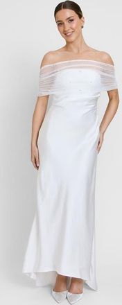 Six Stories Bardot Detail Beaded Satin Midaxi Dress in White at Nordstrom, Size 6