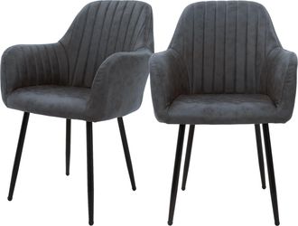ML Design Ml-design - 2x Sillas De Comedor Antracita Ergon&oacute;micas Asiento Tapizado Aspecto De Terciopelo Con Respaldo Y Reposabrazos Patas De Metal Sill&oacute;n Modern