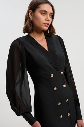 Karen Millen Womens Figure Form Woven Mix Military Button Blazer Knit Mini Dress - Black - Size X-Small