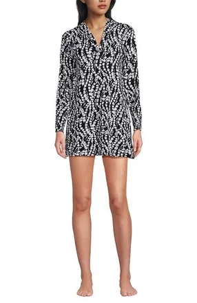 Lands End Cotton Jersey Long Sleeve Hooded Swim Cover-up Dress in Black/white Vine Floral at Nordstrom, Size Small