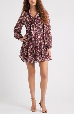 Chelsea28 Metallic Tie Neck Long Sleeve Tiered Dress in Burgundy- Pink Maple Floral at Nordstrom Rack, Size Xx-Small