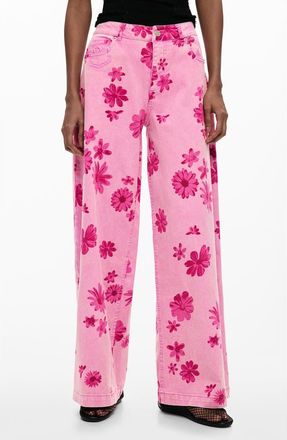 Desigual Floral Print Wide Leg Jeans in Light Pink at Nordstrom, Size 44