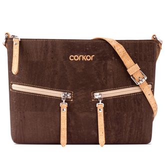 Corkor Across Body Bag for Women Front Pockets Cross Body Strap Vegan Leather Cork Brown Color