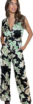 AX PARIS Dames Bloemen V-hals Mouwloze Jumpsuit (Zwart/Groen)