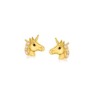 Ross-Simons Childs Pink and Black Cz-Accented Tiny Unicorn Stud Earrings in 14kt Yellow Gold