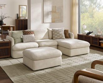 Castlery Ollie Storage Chaise Sectional Sofa Right Facing with Ottoman, (Greta) Ivory, Removable Covers, Gaslift Storage