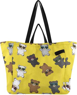 Generic Bear Sunglasses Yellow print Reusable Canvas Tote Bag, Heavy Duty Grocery Shopping Bag with Double Handles Large Capacity Hard Bottom Work Groceries T