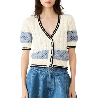 Steve Madden Fiona Tipped Cotton Blend Pointelle Cardigan in Blue at Nordstrom, Size X-Small