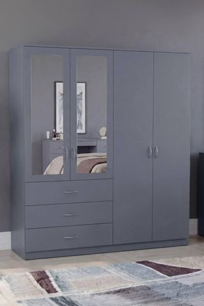Home Discount Vida Designs Riano 4 Door 3 Drawer Mirrored Wardrobe Bedroom Furniture in Grey
