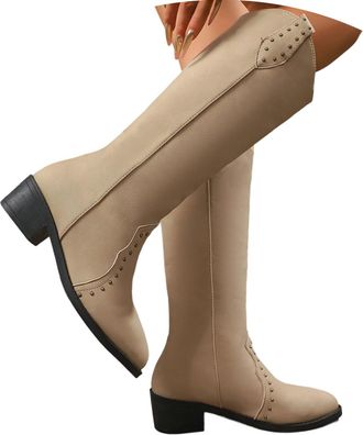Generic Plus Size Women Bling Stretch Booth with Memory Walking Boots Snow Leather Lightweight City Dog Over The Knee High Heel (8) Beige