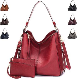 Generic Vintage PU Vegan Leather Handbags and Purse Sets for Women Fashion Tote Hobo Bags Shoulder Satchel Handbag Zip Wallet, B-red