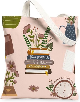 Generic Floral Canvas Tote Bags, Vintage Flower Pattern Reusable Grocery Bags, Lightweight Washable Shoulder Strap Canvas for Outdo, Peach, 13x15 Inch