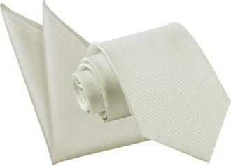DQT Men Solid Check Wedding Classic Neck Tie & Pocket Square Set - Ivory