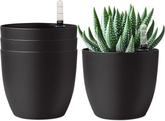 OEM Maceta De Riego - Dep&oacute;sito Integrado - Ventana De Nivel De Agua - Dise&ntilde;o Dual C&aacute;maras - Negro Mate - 15 Cm - Juego De 4