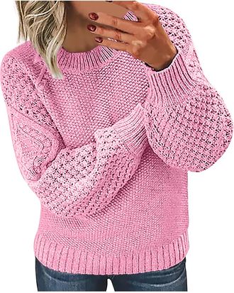 Generic Womens Cable Knit Jumpers Crew Neck Knitted Pullover Thickened Warm Sweater Fall Winter Long Sleeve Thermal Tops Ladies Loose Fashion Sweater Solid Co