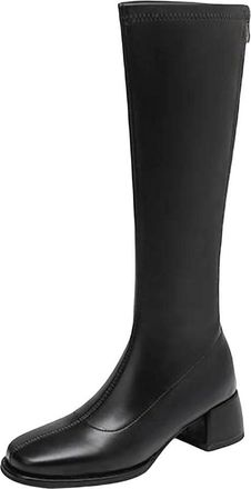 Generic Womens Pot Square Toe Thick Heels Riding Boots Platform Zip Brown Thigh-High Boots