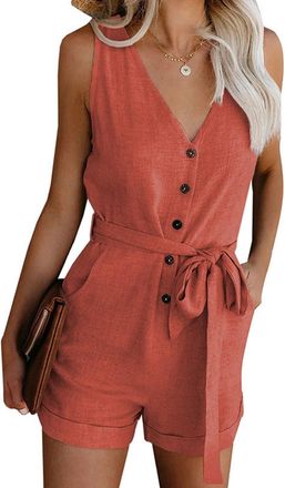 Generic Summer Playsuits for Women UK Strapless Short Playsuits All in One Shorts Playsuit Jumpsuit Shorts for Women Ladies Casual Button Elastic Waist Tank R