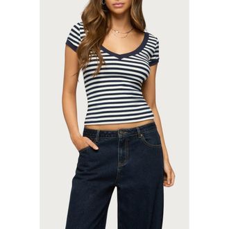 Edikted Antonela Stripe V-Neck T-Shirt in Navy-And-White at Nordstrom, Size X-Small