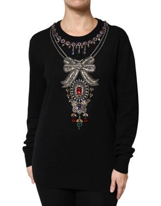 Dolce & Gabbana Womens Embellished Jewel Neck Pullover Sweater - Black Cashmere - Size EU 40 (Womens)