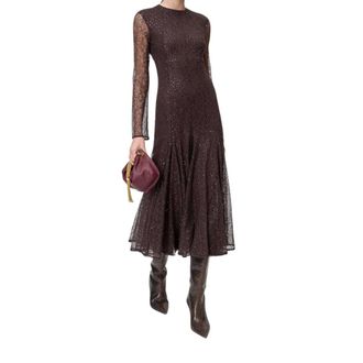 Twinset Midi-jurk van kant met micro-pailletten - Dames - Jurken - Bruin - Maat: M Poliester