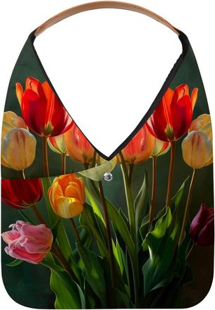 Generic Floral Flowers Tulips (4) Reusable Lightweight Grocery Bags - Foldable Into Compact Pouch, Washable & Sturdy, Multipurpose for Shopping and Travel