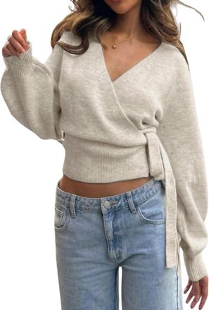 Generic Womens V Neck Belted Fall Knit Sweater, Wrap Sweater Sexy Cinched Waist Long Sleeve Knitted Pullover with Side Tie Fall (Khaki,S)