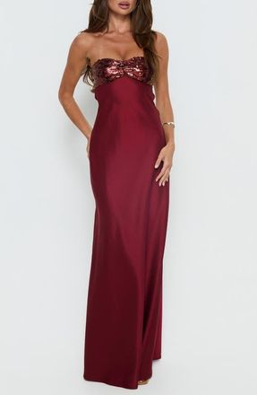 Princess Polly See the Vision Sequin & Satin Strapless Gown in Burgundy at Nordstrom, Size 12