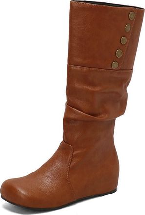 Generic Womens Wedge Heel Knee High Boot Round Toe PU Leather Long Boots Pull on Slouch Boot with Button,Yellow,10.5 UK