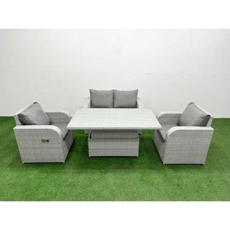 Fimous Light Grey pe Wicker Rattan Garden Furniture Set Sofa Set Reclining Chair Adjustable Lifting Dining or Coffee Table 4 Seater With Side Table - Fimous