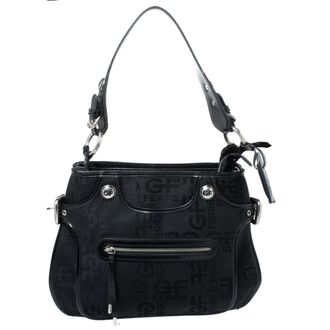 Gianfranco Ferre Black Fabric Leather Trim Hobos
