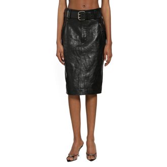Saint Laurent Belted Pencil Skirt in Creased Leather