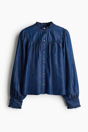 H&M Frill-trimmed Denim Blouse in Dark Denim Blue at Nordstrom, Size X-Small