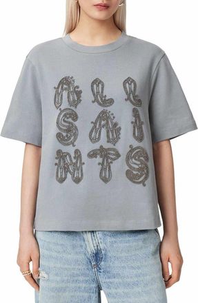 AllSaints Ella Lisa Beaded Cotton T-Shirt in Quarry Blue at Nordstrom, Size X-Small