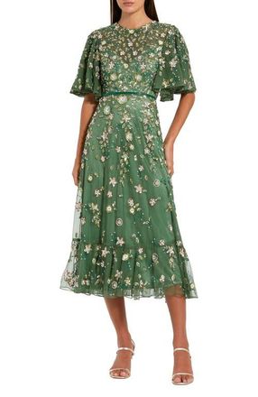 Mac Duggal Womens Floral Embellished Flutter Sleeve Midi Dress in Sage at Nordstrom, Size 12