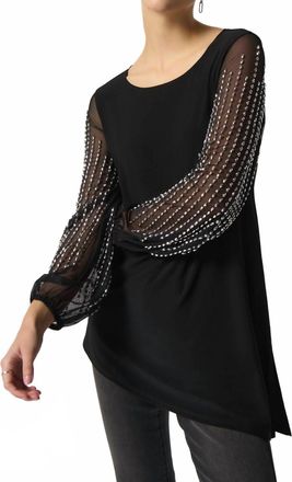 Joseph Ribkoff Brena Puff Sleeve Asymmetrical Beaded Top In Black