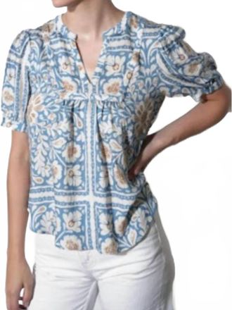 Greylin Charlotte Split Neck Elbow Sleeve Top In Blue
